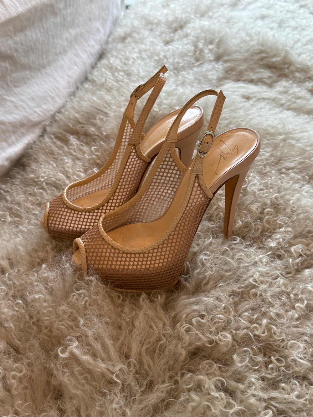 Giuseppe Zanotti Nude Mesh Peep-Toe Slingback Platforms